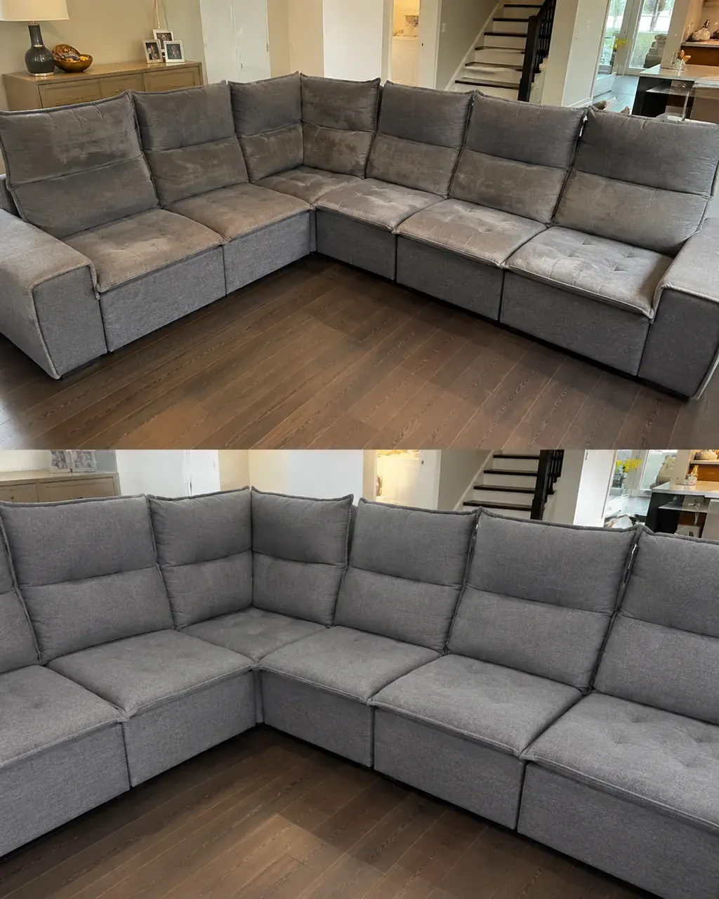 Antes e depois da higienização de sofá cinza de canto em Bauru pela Flow Clean