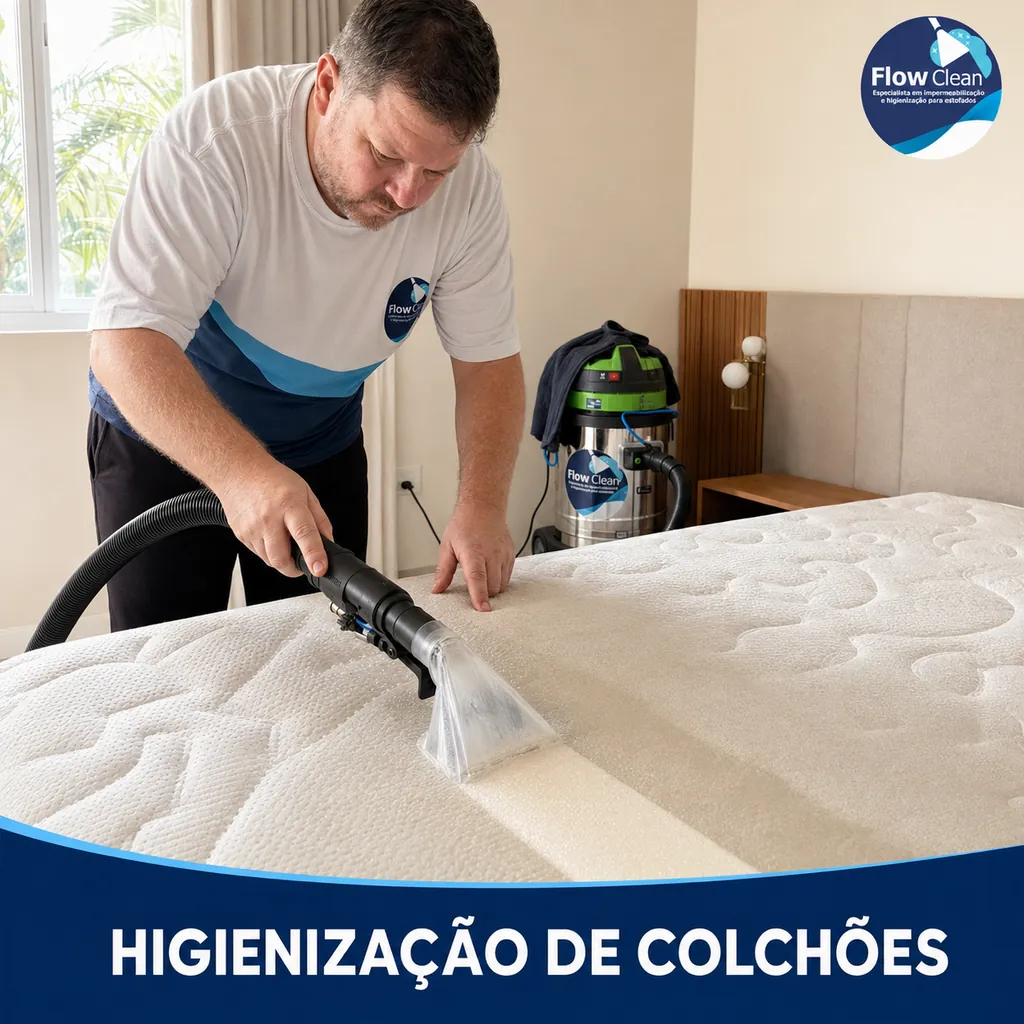 Profissional da Flow Clean realizando higienização de colchão em Bauru
