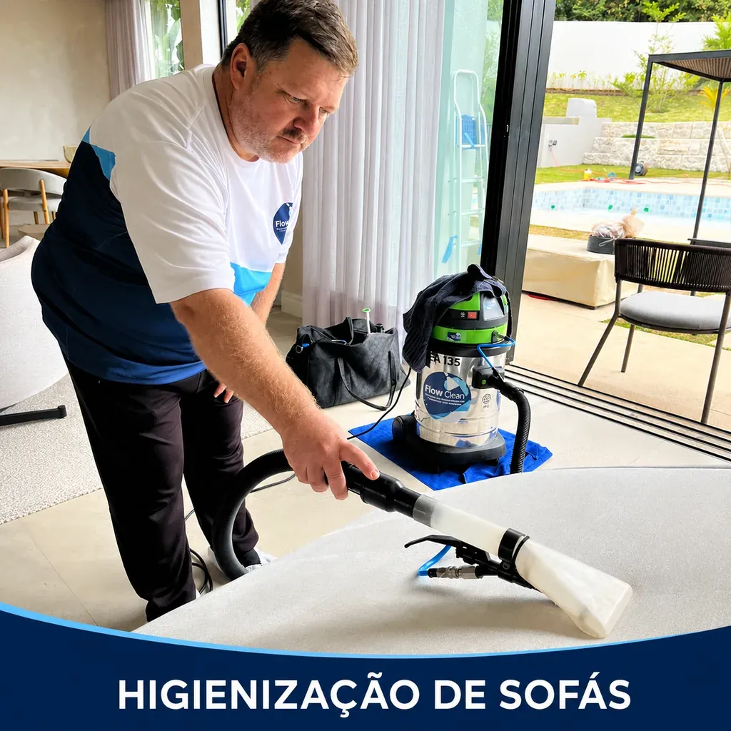 Profissional da Flow Clean realizando limpeza e higienização de sofá em Bauru